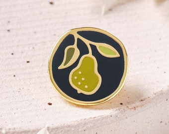 Folk Art Pear Pin Badge, Appliqué Quilting Gift, Gold Lapel Brooch, Fruit Enamel Pin