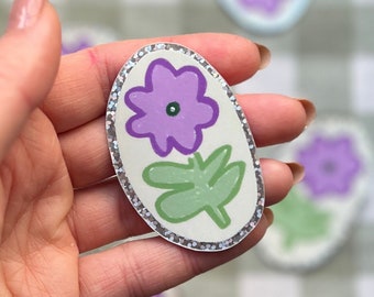 Holographic Glitter Purple Flower Sticker, Vinyl Bloom Illustration