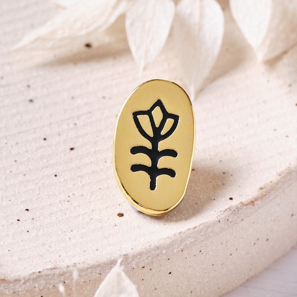 Schwarz und Gold Blumen Emaille Pin, Einfache Blumen Brosche, Folklore Anstecker