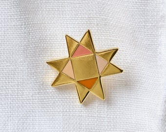 Ohio Patchwork Star Enamel Pin: Gold, Pink & Orange Quilt Design