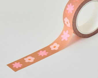 Cute Floral Washi Tape, Cute Bullet Journal Paper Tape, Brown and Pink Flowers
