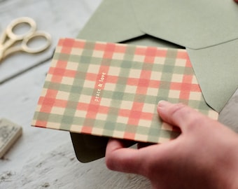 Peace and Love Gingham Christmas Card, A6 Gold Foiled Letterpressed, Green and Red Plaid