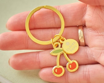 Cherry Keychain, Hard Enamel Keyring, Gold Fruit Charm