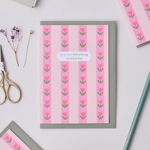 You are Blooming Wonderful, Gold Foiled Pink Tulips Greetings Card, A6 innen leer, Letterpressen