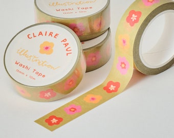 Cute Green Floral Washi Tape, Cute Bullet Journal Paper Tape, Red and Yellow Cherry Blossom Flowers