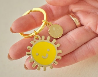 Smiley Sun Keychain, Yellow Ray of Sunshine Enamel Keyring, Bag Charm, Self Care Gift