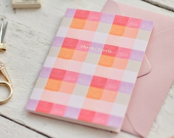 Thanks Lovely! Gold Foiled Pink Gingham Greetings Card, A6 Blank Inside, Thank You Card