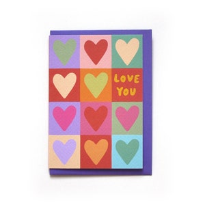 Love You Valentine's Day Greetings Card, Colourful Hearts, A6 Blank Inside, Foiled, Anniversary, Mother's Day