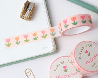 Cute Tulip Washi Tape, Kawaii Bullet Journal Paper Tape, Pink and Orange Flowers