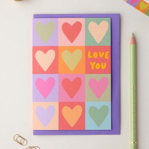 Carte de voeux pour la Saint-Valentin, je t'aime, coeurs colorés, A6 vierge à l'intérieur, déjoué, anniversaire, fête des mères