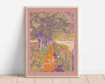 Spring Walk Giclee Fine Art Print, Pastel Drawing of a Pink Rural Countryside Scene