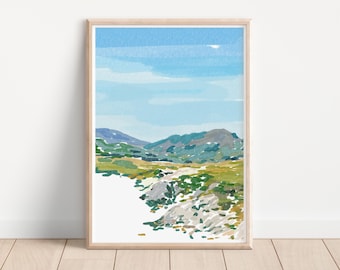 May include: A watercolor painting of a landscape with green hills and a blue sky. The hills are in the background and the sky is in the foreground. The painting is framed in a light wood frame.
