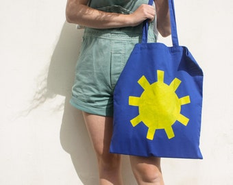 Sun Tote Bag, Yellow and Blue Sunshine Shopper, Hand Screen Printed, Wellness Motivational