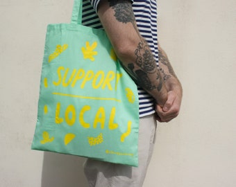 Support Local Tote Bag, Mint Green Illustrated Cotton Shopper, Geometric Shapes