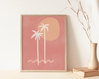 A3 Palm Tree Pink Art Print, Boho Geometric, Moroccan Pastel Sun