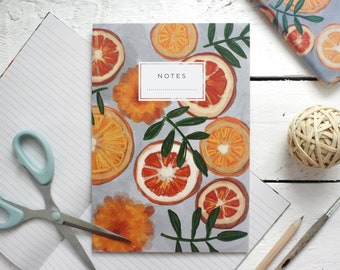 Cute Orange Citrus Recycled A5 Lined Notebook, Illustrated Fruit Botanical, Notepad Stationery Gift