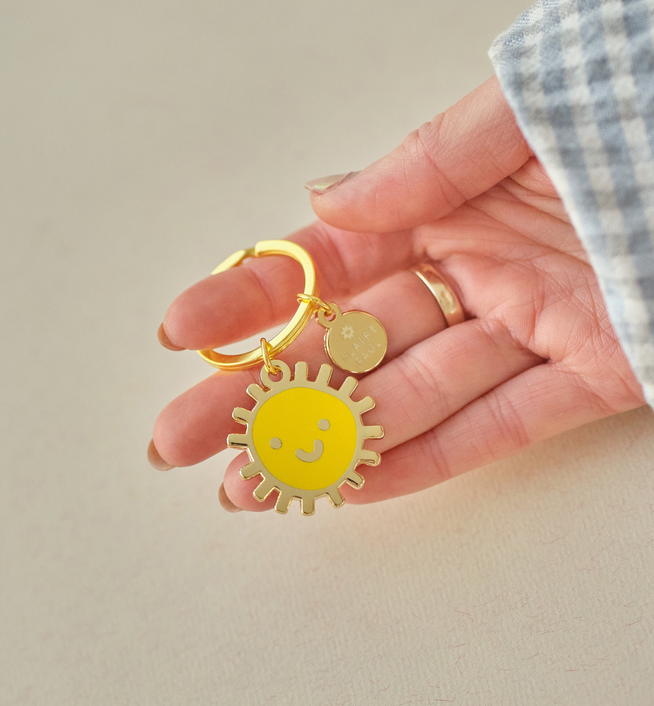 Smiley Sun Keychain, Yellow Ray of Sunshine Enamel Keyring, Bag