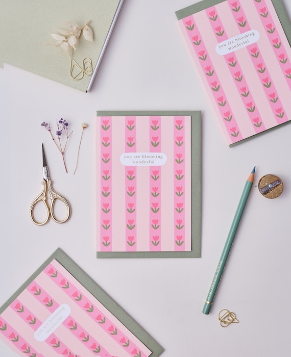 Gold Foiled Pink Tulip Greetings Card, 'You are Blooming Wonderful' A6 Card