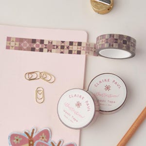 Pink Patchwork Star Quilt Pattern Washi Tape, Cute Bullet Journal Paper Tape, Ohio Star