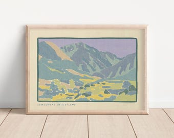 May include: A framed print of a landscape painting depicting a mountain range in shades of blue, green, and yellow. The text "Somewhere in Scotland" is printed at the bottom of the image.