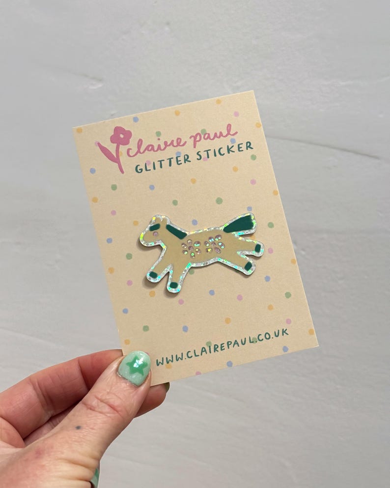Year of the Horse Sticker, Prancing Pony Folk art Holographic Glitter Sticker With Backing Card