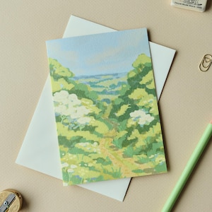 Carte de voeux La vallée, carte paysage illustrée A6, toutes les occasions, campagne du Devon