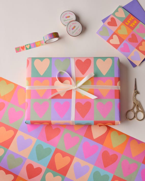 Rainbow Love Hearts Gift Wrap, Illustrated Patterned Wrapping Paper Sheet