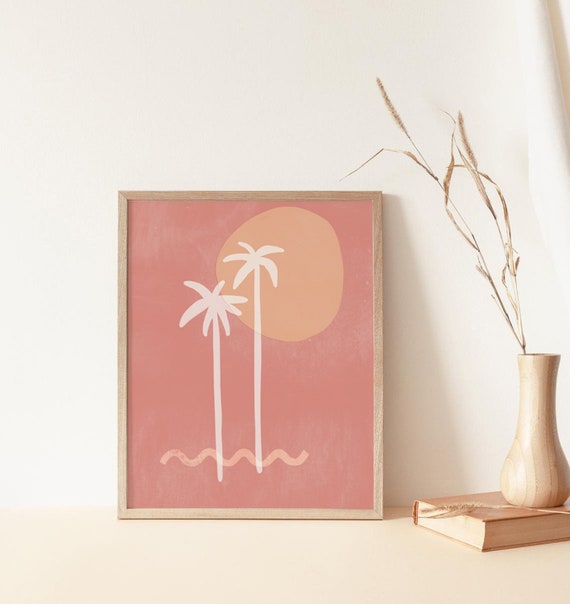 A3 Palm Tree Pink Art Print, Boho Geometric, Moroccan Pastel Sun
