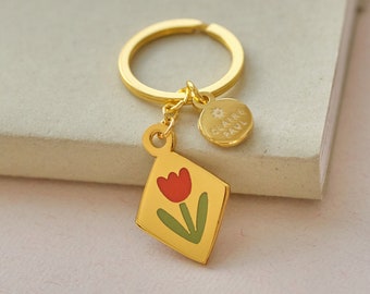 Tulip Keychain, Flower Hard Enamel Keyring, Folk Gold Art Charm