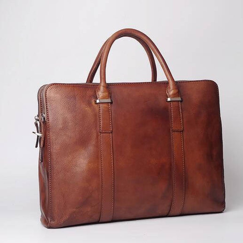 Brown Leather Briefcase Mens Leather Briefcase 14 Inch Etsy