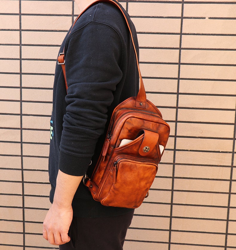 Mens leather one strap backpack top