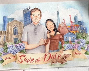 CUSTOM Save the date Postcard Illustrated Portrait | Watercolour Illustration | Wedding Stationery