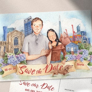 Cartão postal personalizado Save the date Retrato ilustrado | Convite de casamento em aquarela ilustrado | Papelaria de casamento personalizada