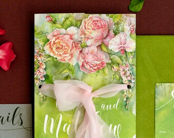 Ready to Print  Wedding Invitation Set - Life in Roses - Menu, Garden Party, Baby Shower - in Lush Green or in Dusty Peach