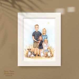 Illustrated Family Portrait of 4 Custom Watercolour Family Portrait Handmade Personalised image 2