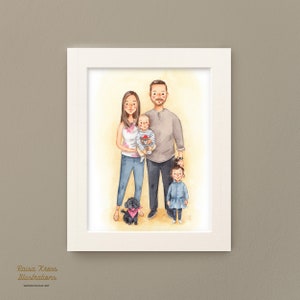 Family Portrait of 4 Illustrated - Custom Watercolour Art Family Portrait - Handmade Illustration - Personalised