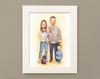 Illustrated Family Portrait of 4 - Custom Watercolour Family Portrait - Handmade -Personalised