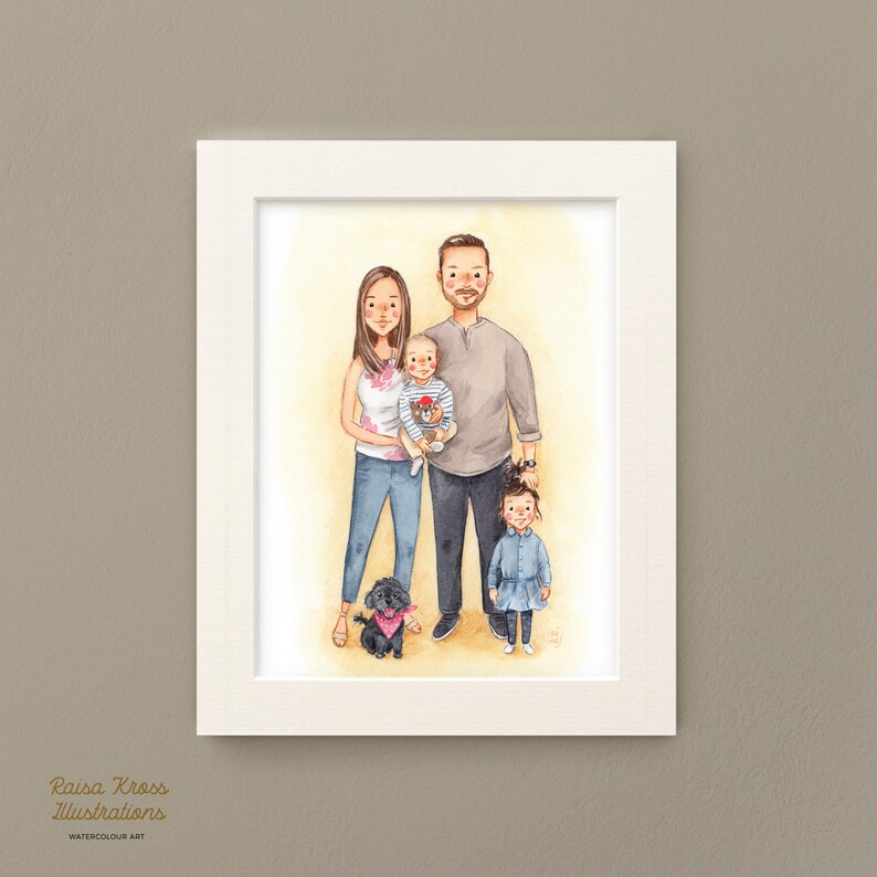 Illustrated Family Portrait of 4 Custom Watercolour Family Portrait Handmade Personalised image 1