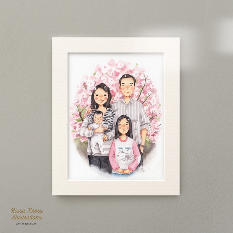 Illustrated Family Portrait of 4 Custom Watercolour Family Portrait Handmade Personalised image 4