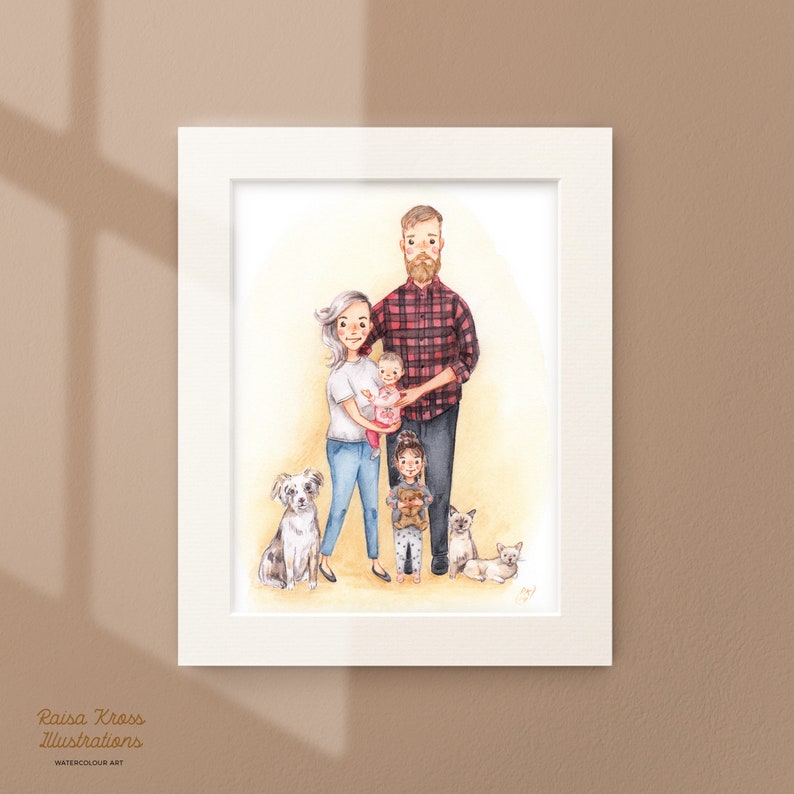 Illustrated Family Portrait of 4 Custom Watercolour Family Portrait Handmade Personalised image 3