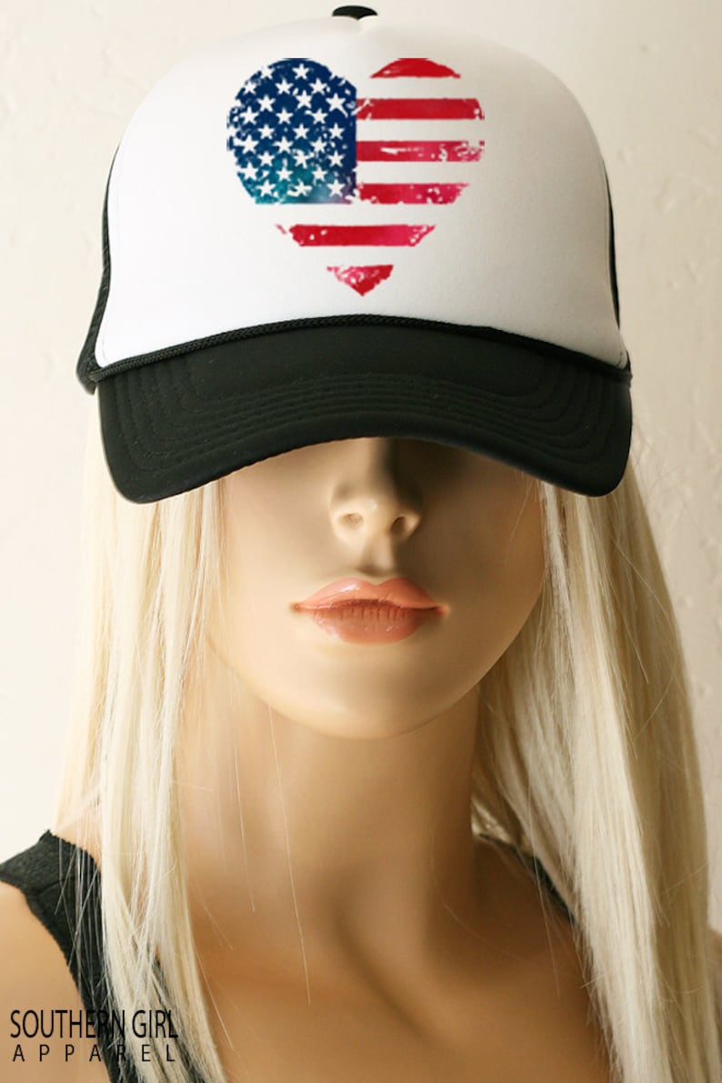 Flag Trucker Hats American Flag Baseball Hat Women/'s American Flag Trucker Hat. Red White and Blue Heart American Flag Trucker Hat