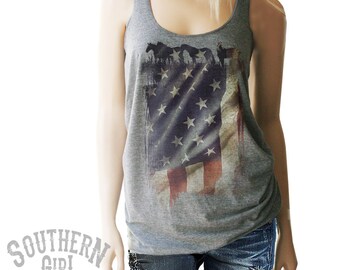 American Flag Racerback Tank Top. American Flag with Horses. Red White and Blue. Patriotic. 4th of July. Southern Shirts. Country Clothing.