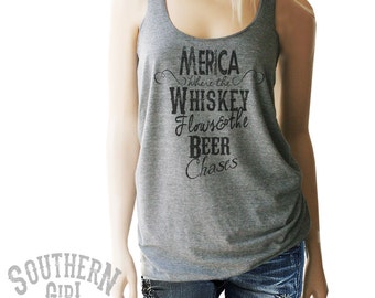 Merica Southern Girl Whiskey Tank. Merica Tank. Merica Shirt. Whiskey Tank. Southern Tank. Country Clothing. Country Shirts. Whiskey Shirts.