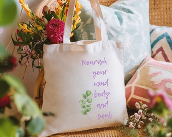 Nourish Your Mind Body & Soul Tote Bag, aesthetic color canvas tote bag, reusable cotton tote bag, tote bag, gift for her.
