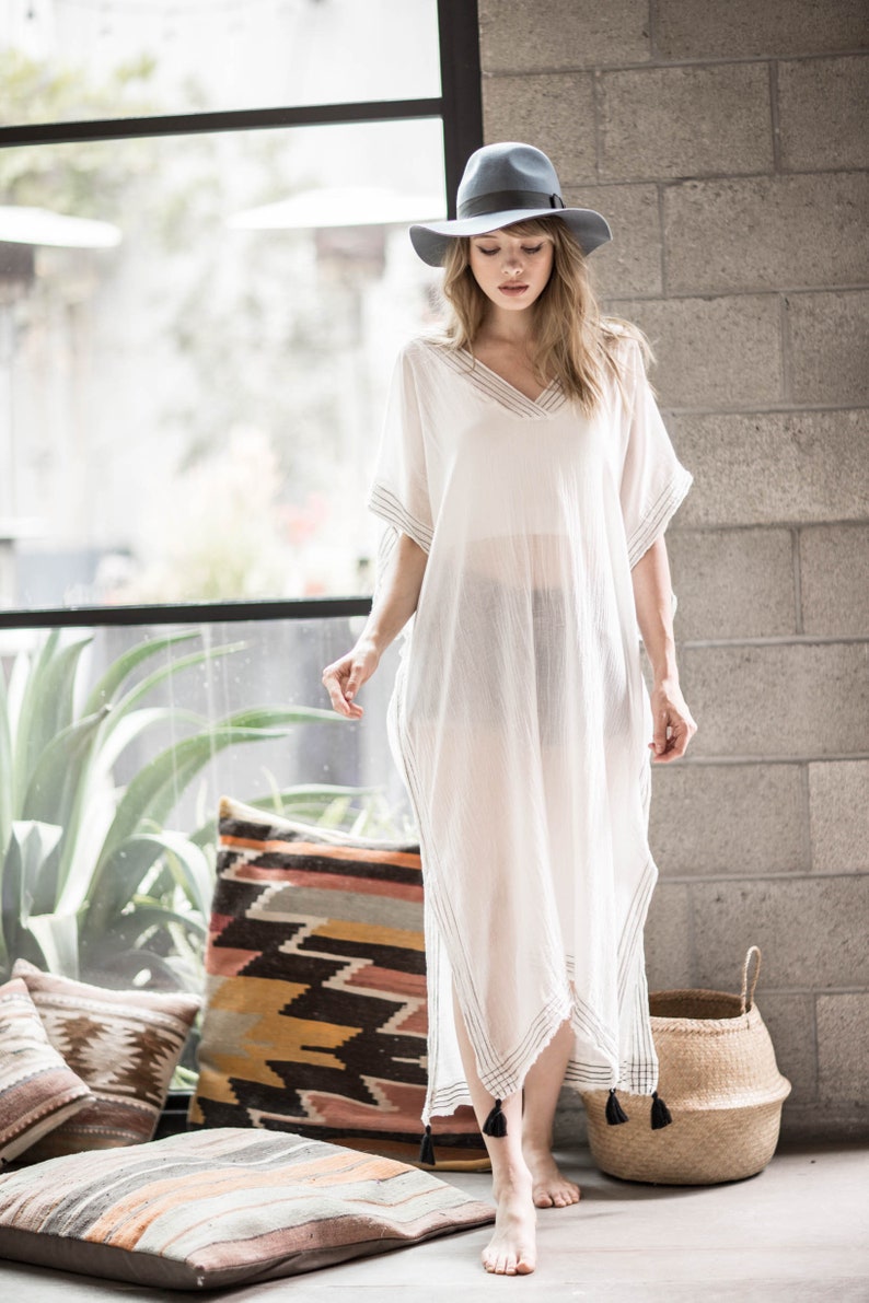 Sale Ela Kaftan White Cotton Kaftan Resortwear Beach Cover Up Beachwear Festival Clothing Best Gift One Size Fits All Free Shipping