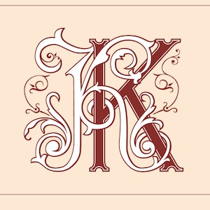May include: A decorative monogram with the letters "K" and "R" in a white and red color scheme. The letters are surrounded by ornate, swirling flourishes.