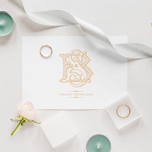 May include: A white card with a gold monogram of the letters "F" and "S" intertwined. The card is surrounded by white rings, a white ribbon, and white flowers on a white background. The text "Instant Download" is below the monogram.
