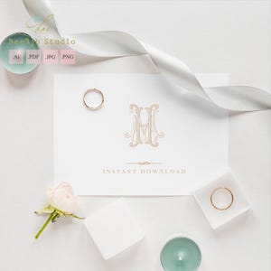 May include: A wedding invitation design featuring a monogram with the letters "M" and "A" in a decorative font. The invitation is surrounded by gold rings, a white ribbon, a small flower, and candles. The text "INSTANT DOWNLOAD" is visible.