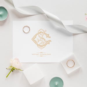 May include: A white card with a gold monogram design featuring the letters "S" and "C" intertwined. The card is surrounded by white ribbon, a small white rose, and two gold rings. The text "INSTANT DOWNLOAD" is printed below the monogram.