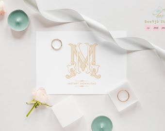 Vintage Monogram NM, Wedding Logo Design (Digital Download)